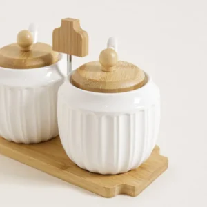 SET X 2 AZUCARERAS DE PORCELANA BLANCA CON BASE DE BAMBOO
