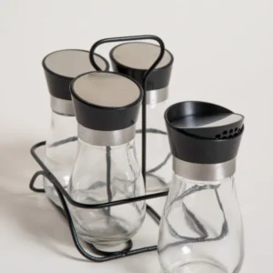 SET X 4 ESPECIEROS DE VIDRIO EN RACK NEGRO