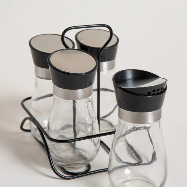 SET X 4 ESPECIEROS DE VIDRIO EN RACK NEGRO