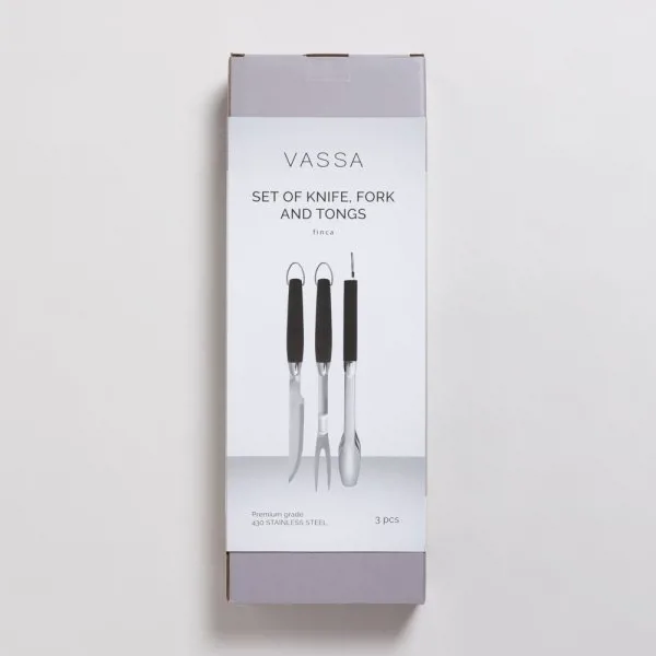 SET DE ASADO Y PINZA DE ACERO INOXIDABLE CON MANGO NEGRO