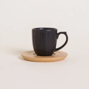 SET X 6 TAZAS DE PORCELANA NEGRA RAYADAS PLATO DE BAMBOO 80 ML