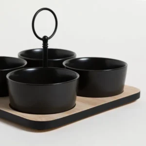SET X 4 COPETINEROS DE PORCELANA REDONDOS BASE BAMBOO NEGRO