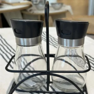 SET X 2 ESPECIEROS DE VIDRIO EN RACK NEGRO