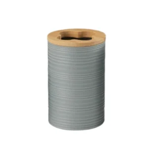 VASO PORTA CEPILLOS DE DIENTES RAYADOS DE PLASTICO GRIS CON BAMBOO
