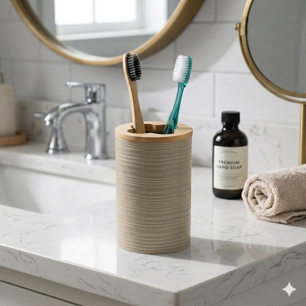 VASO PORTA CEPILLOS DE DIENTES PLASTICO BEIGE CON BAMBOO