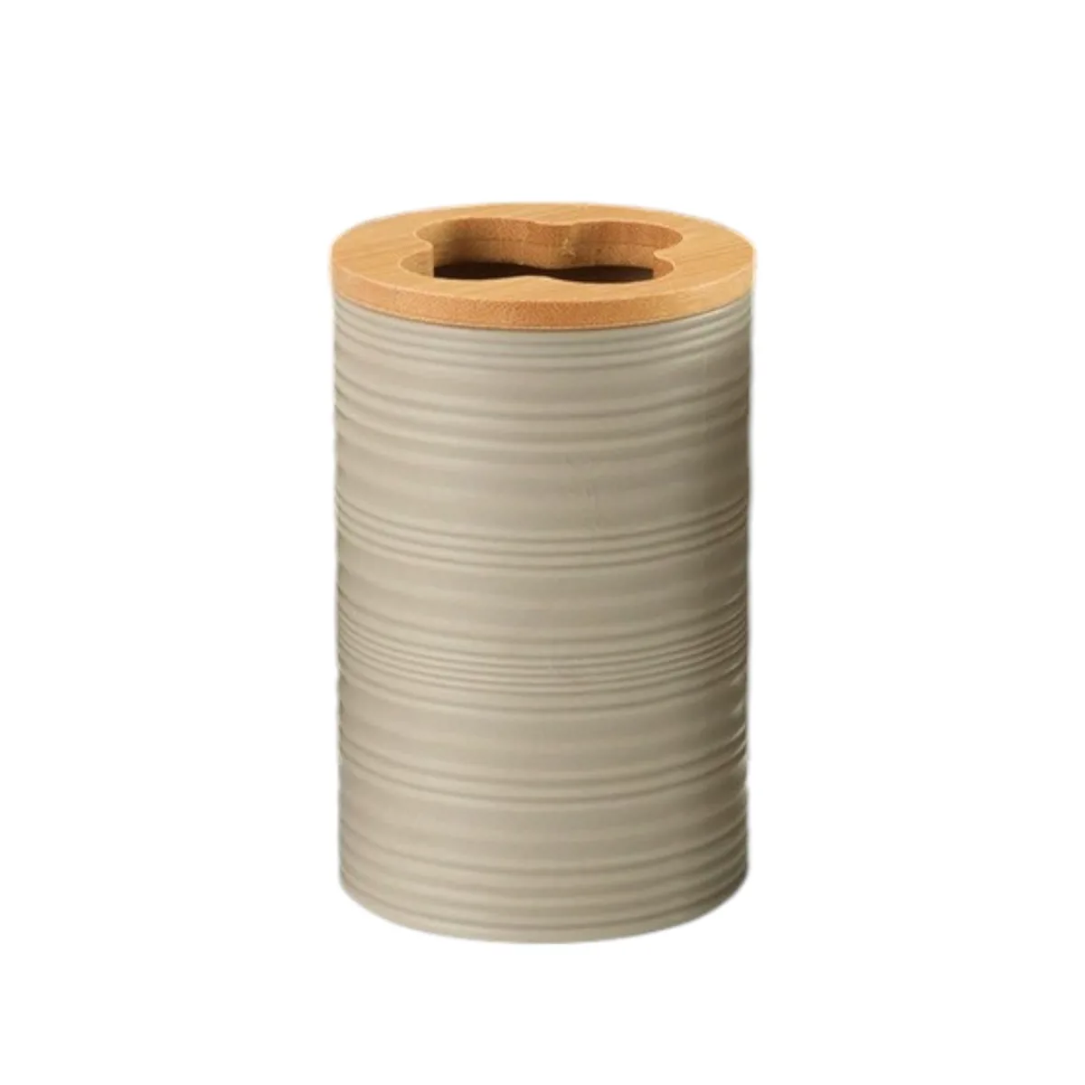 VASO PORTA CEPILLOS DE DIENTES PLASTICO BEIGE CON BAMBOO - Imagen 2
