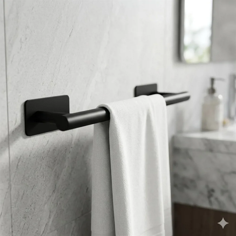 TOALLERO DE METAL COLOR NEGRO CON AUTOADHESIVO 3M