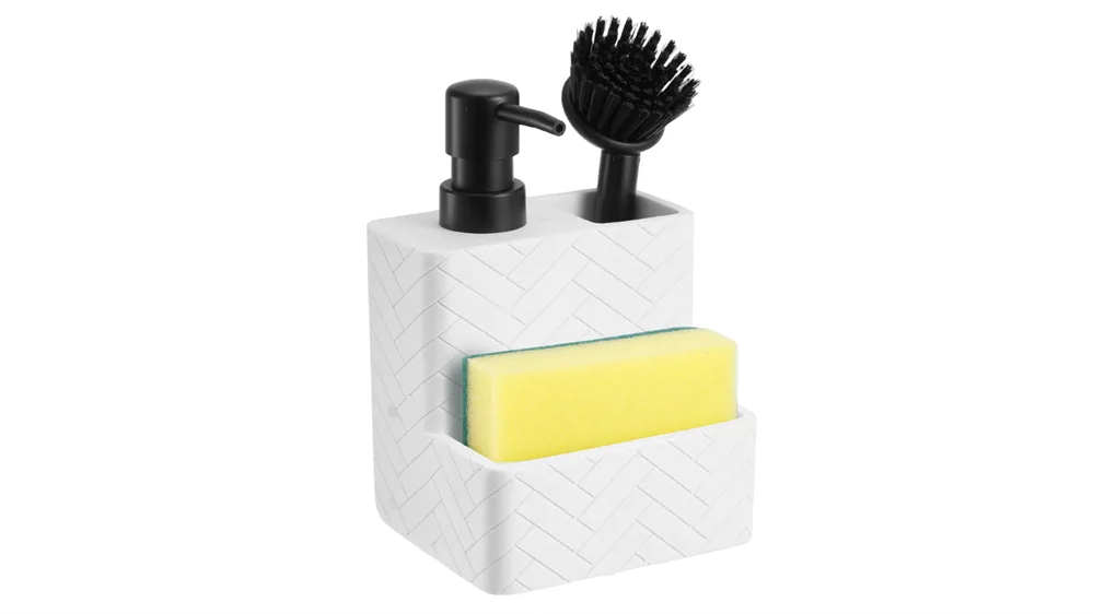 DISPENSER PARA DETERGENTE CON ESPONJA Y ESCOBILLA CHEVRON BLANCO