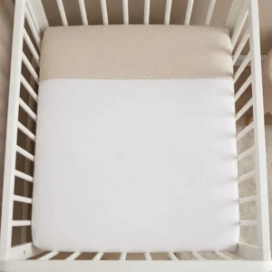 JUEGO DE SABANAS CUNA BEIGE LUNARES BLANCOS