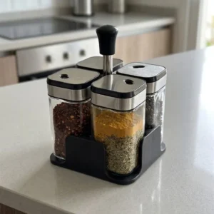 SET X 4 ESPECIEROS CUADRADOS DE VIDRIO CON TAPA DE METAL NEGRA CON BORDE PLATA Y SPORTE CUADRADO