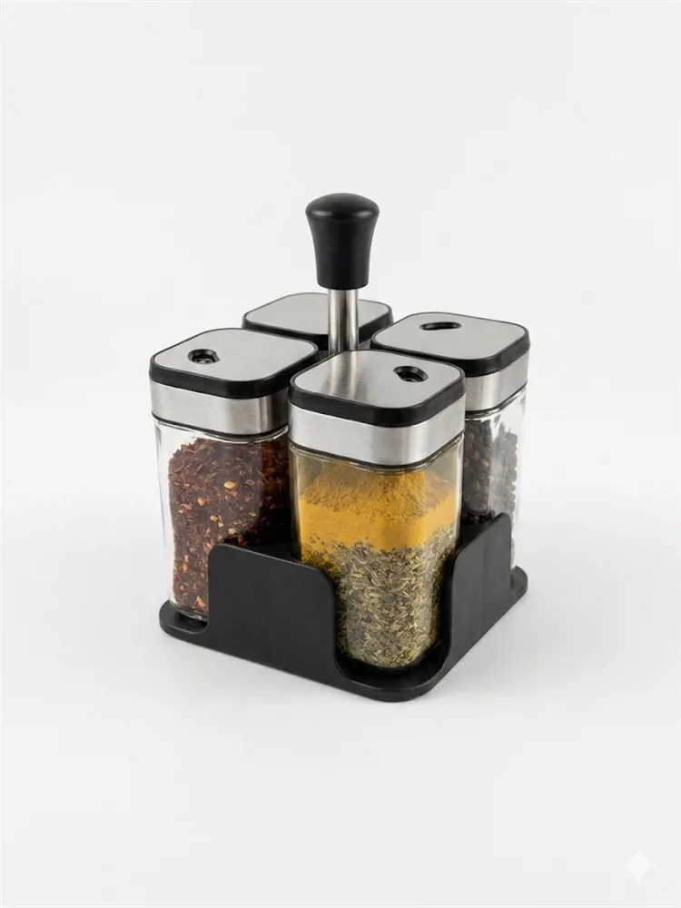 SET X 4 ESPECIEROS CUADRADOS DE VIDRIO CON TAPA DE METAL NEGRA CON BORDE PLATA Y SPORTE CUADRADO - Imagen 2