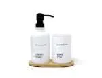 SET DE BAÑO VIDRIO BLANCO CON BANDEJA BAMBOO.