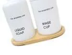 SET DE BAÑO VIDRIO BLANCO CON BANDEJA BAMBOO. - Imagen 3