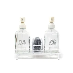 SET DISPENSER VIDRIO CON REJILLA BLANCA DE METAL