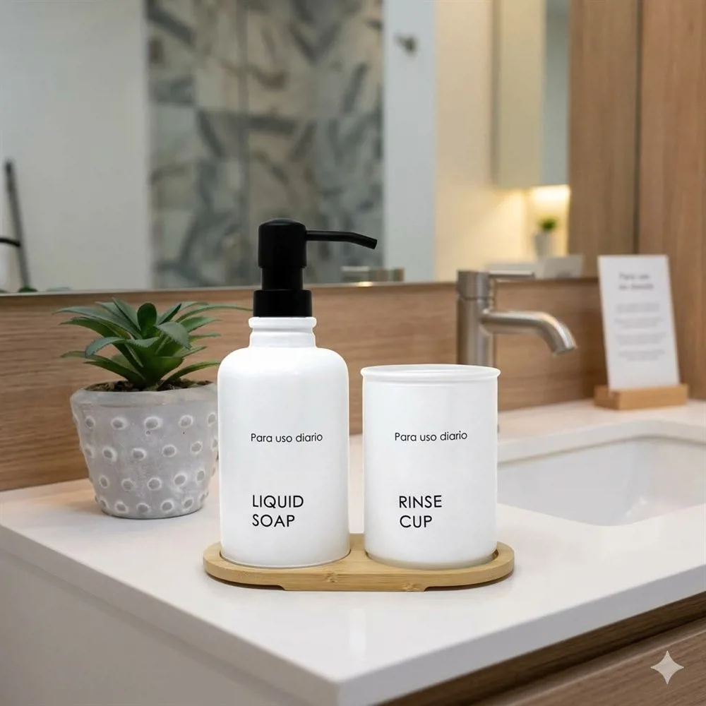 SET DE BAÑO VIDRIO BLANCO CON BANDEJA BAMBOO. - Imagen 4