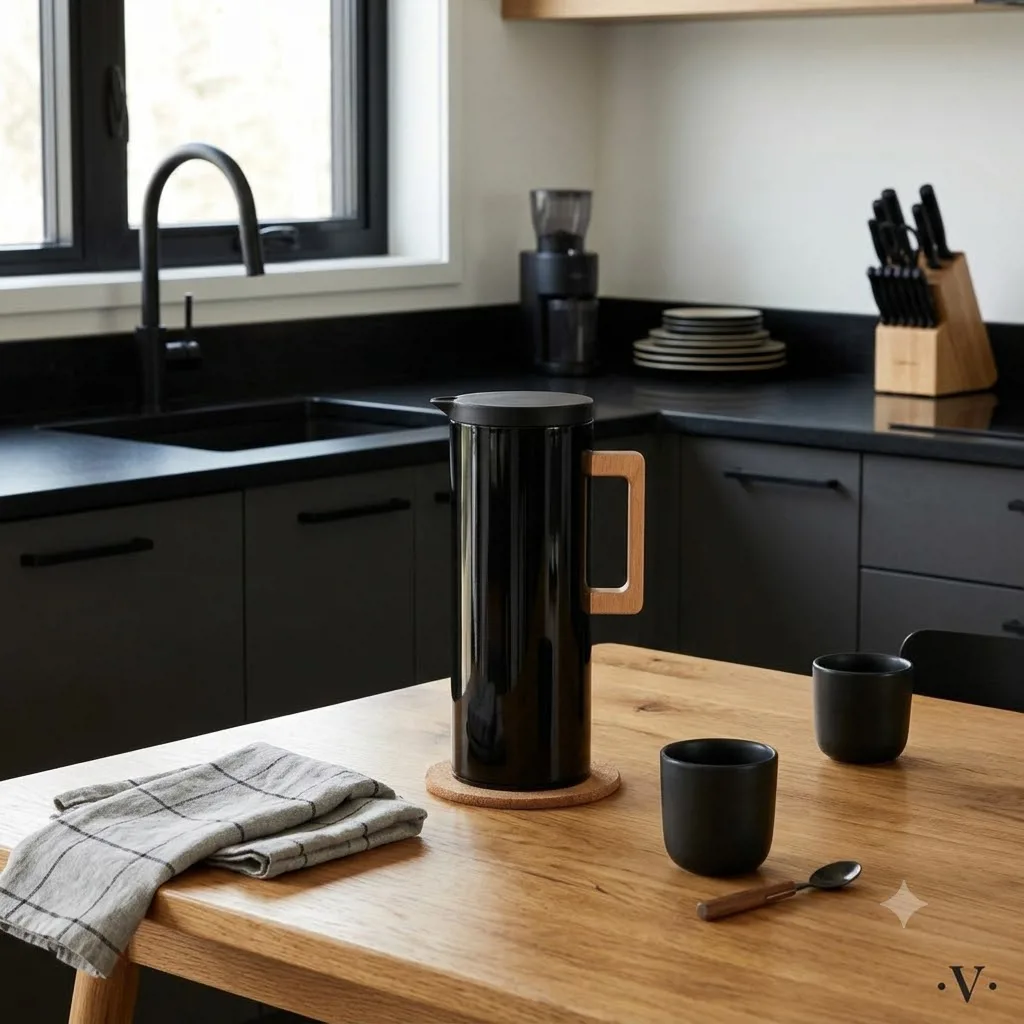 JARRA TERMICA BLACK CON AMPOLLA DE VIDRIO Y ASA DE MADERA 1000 ML - Imagen 3
