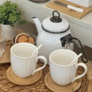 SET X2 TAZAS PORCELANA BLANCA P/BAMBOO Y CUCHARITA 300ML