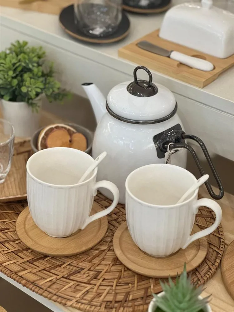 SET X2 TAZAS PORCELANA BLANCA P/BAMBOO Y CUCHARITA 300ML