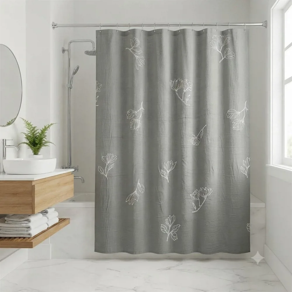CORTINA DE BAÑO GASA ESTAMPADA CON RELIEVE BLANCO S/ GRIS