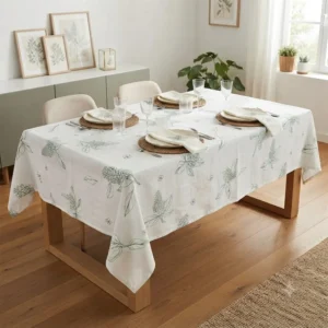MANTEL RECTANGULAR GASA ESTAMPADO C/RELIEVE BLANCO CON CEREZO VERDE