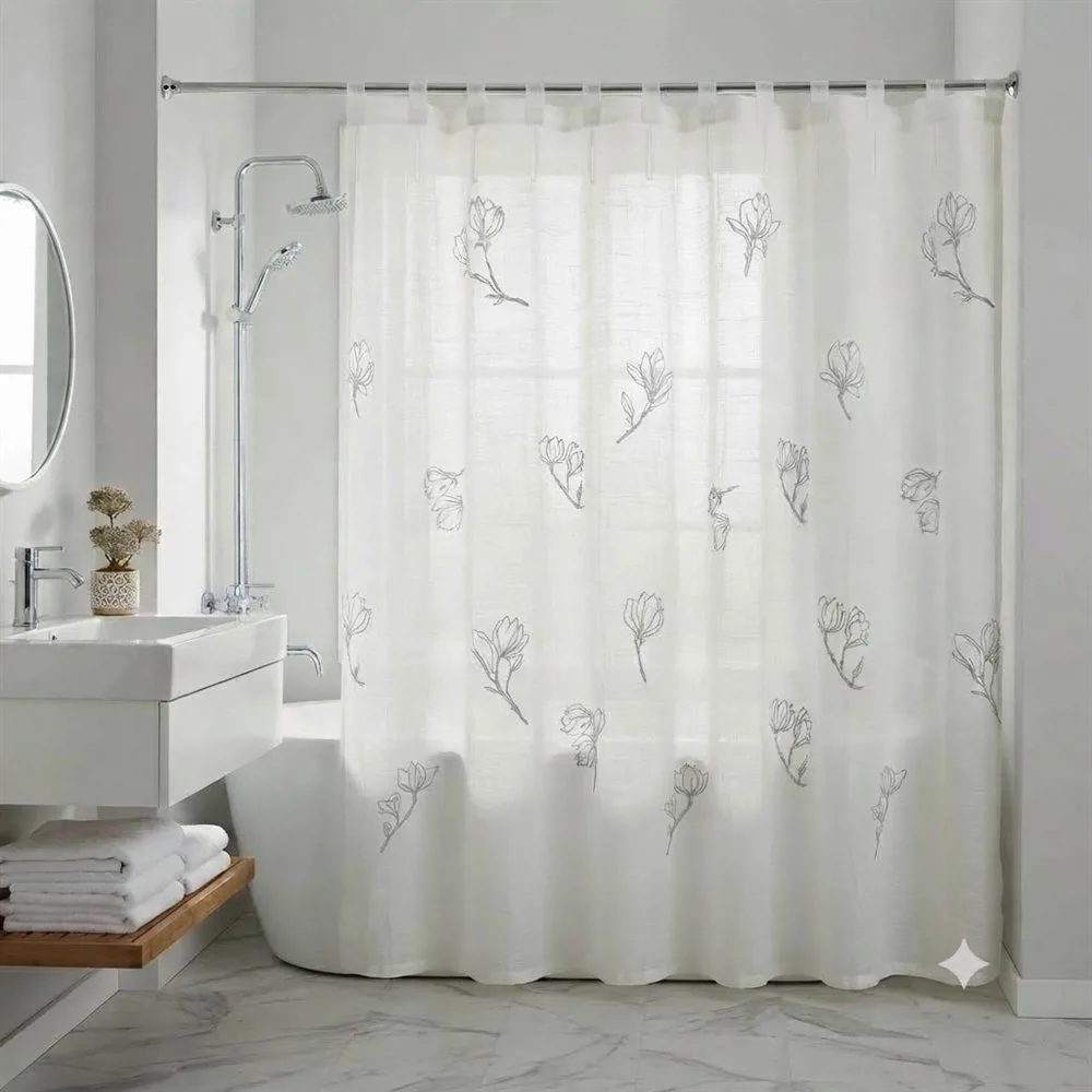 CORTINA DE BAÑO DE GASA ESTAMPADA CON RELIEVE MAGNOLIA GRIS /BLANCO