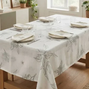 MANTEL RECTANGULAR GASA  CON RELIEVE BLANCO CON ESTAMPA CEREZO GRIS