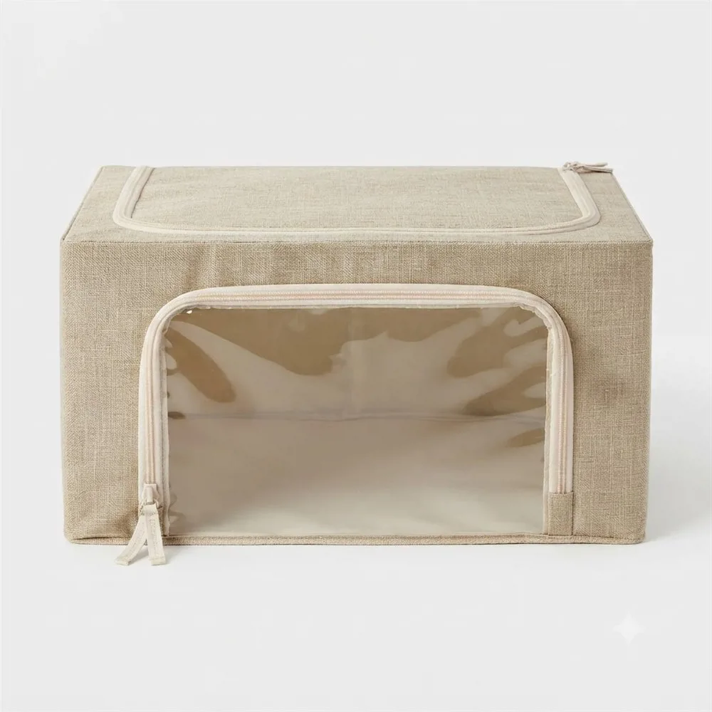 CAJA PLEGABLE TELA VENTANA TRANSPARENTE "LILLE BEIGE" 39 X 29 X19 CM DE ALTO - Imagen 2