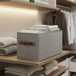 CAJA PLEGABLE FORRADA EN TELA MANIJA DE CUERO (M) REIMI
