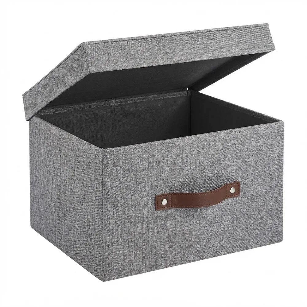 CAJA PLEGABLE FORRADA EN TELA MANIJA DE CUERO C/TAPA "REMIS TOP GREY" 35 X 30 X 20 CM - Imagen 2