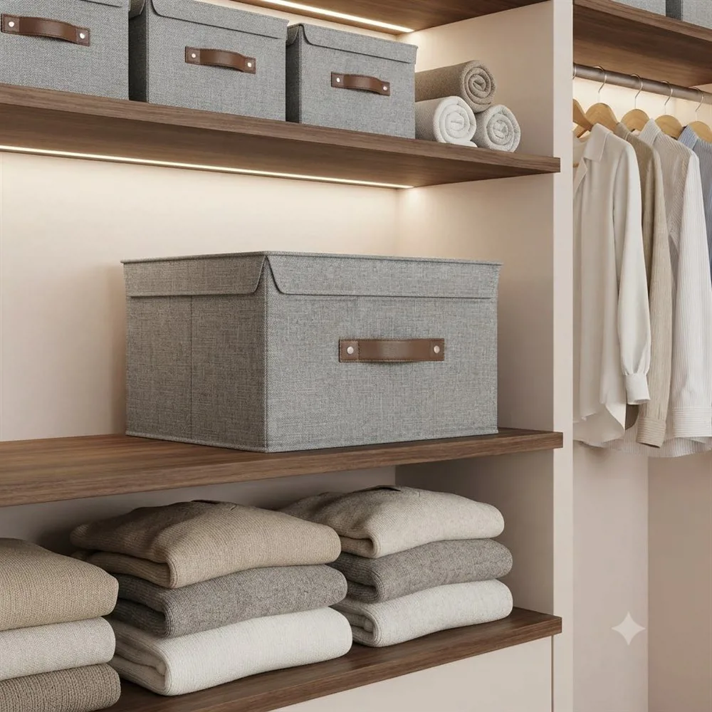 CAJA PLEGABLE FORRADA EN TELA MANIJA DE CUERO C/TAPA "REMIS TOP GREY" 35 X 30 X 20 CM