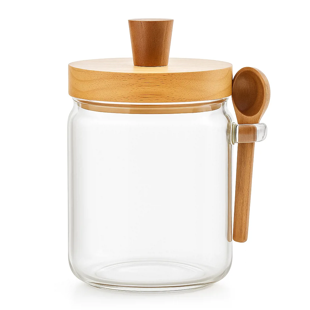 FRASCO DE VIDRIO CON CUCHARITA Y TAPA BAMBOO 700ML
