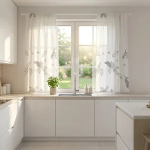SET X 2 PAÑOS DE CORTINAS P/COCINA  GASA - ESTAMPADA CON RELIEVE FONDO BLANCO ESTAMP