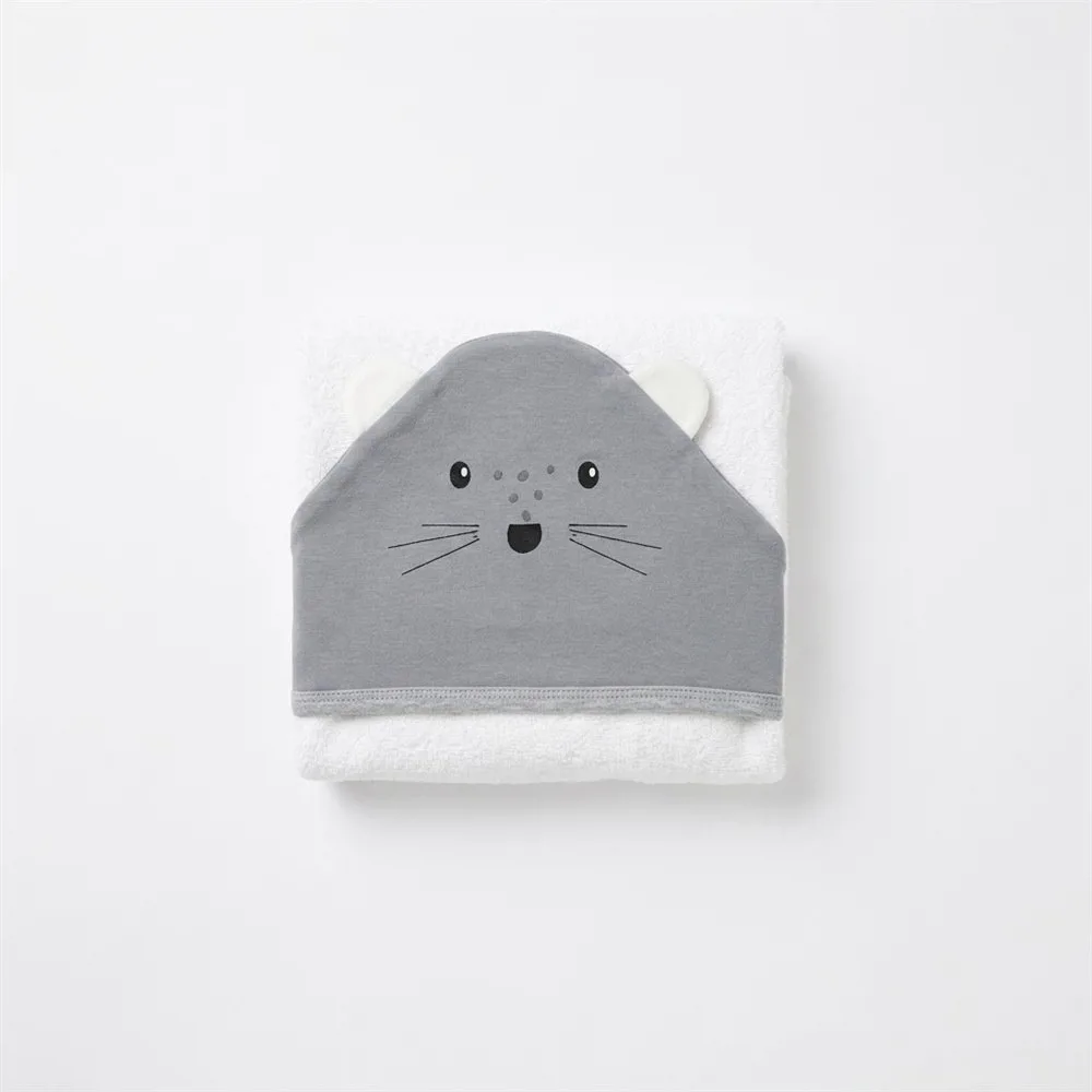 TOALLON CON CAPUCHA GATO GRIS BORDADO