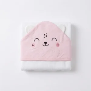TOALLON CON CAPUCHA OSO BORDADO ROSA