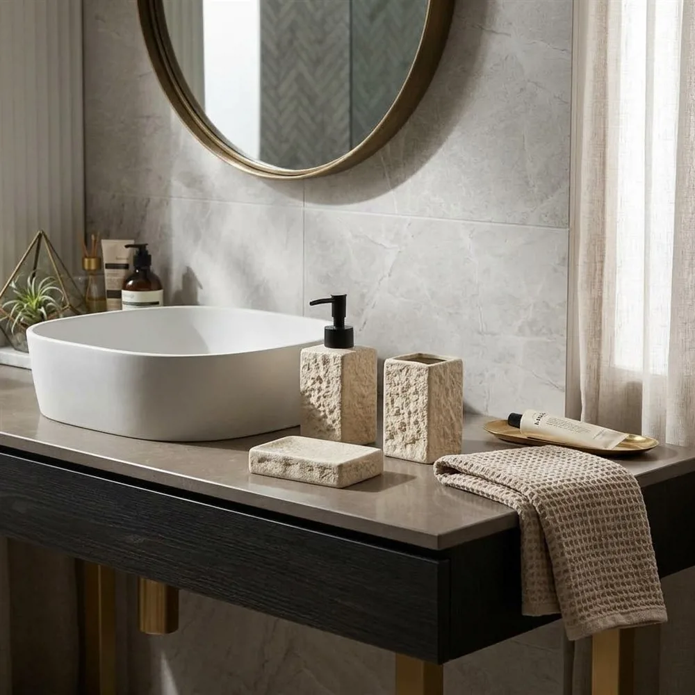 SET DE BAÑO X 3 ROCA CUADRADO BEIGE CERAMICA - Imagen 3