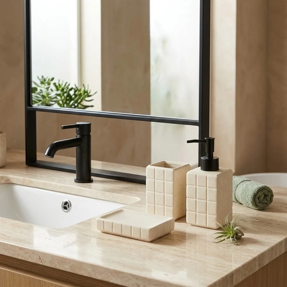 SET DE BAÑO X 3 CUADROS CUADRADO BEIGE - Imagen 3