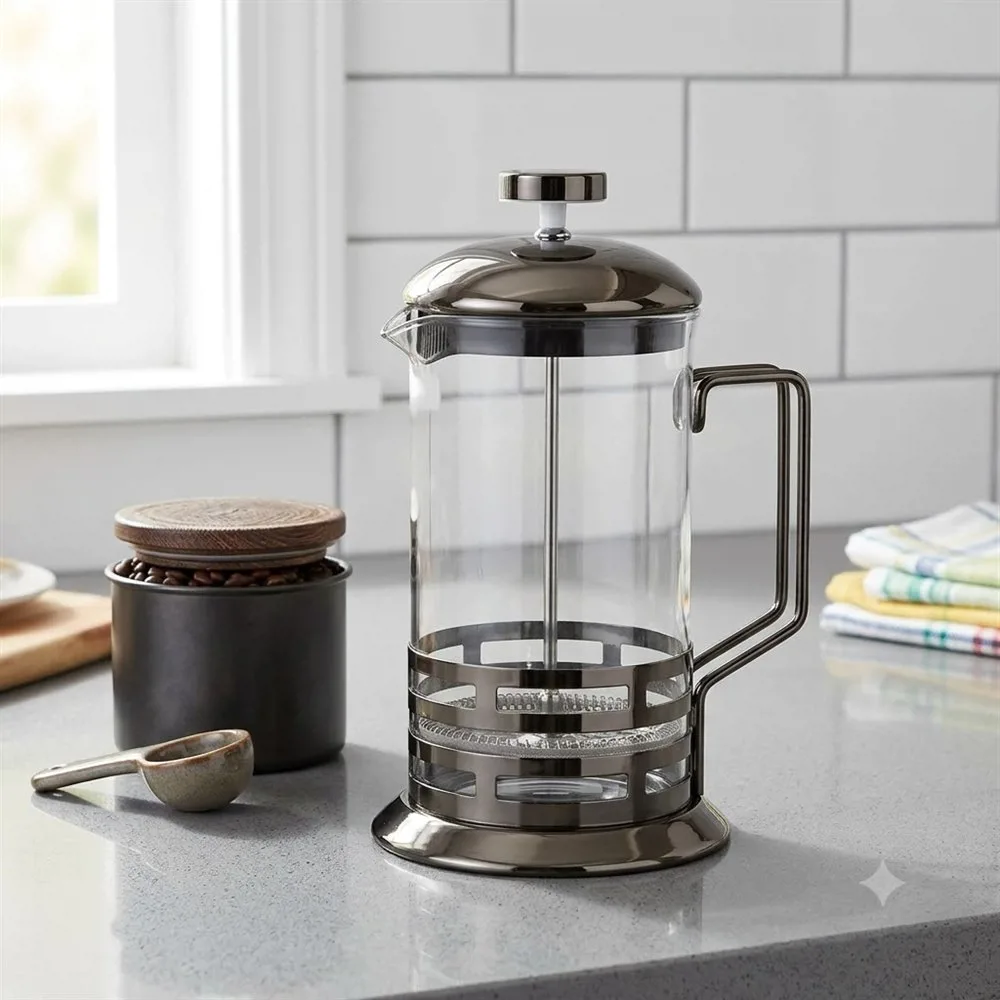 CAFETERA CON EMBOLO RAYAS PELTRE BRILLANTE 600 ML