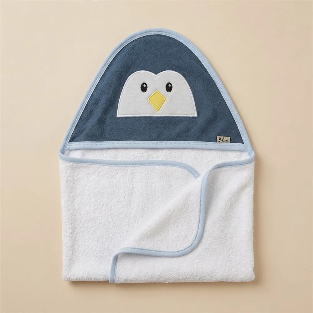TOALLON CON CAPUCHA BORDADO PINGUINO AZUL